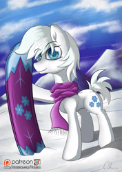 Size: 1476x2079 | Tagged: safe, artist:calena, imported from derpibooru, double diamond, pony, clothes, cloud, male, mountain, patreon, patreon logo, profile, scarf, sky, snowboard, solo