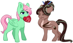 Size: 978x587 | Tagged: safe, artist:silentwulv, imported from derpibooru, oc, oc only, oc:cocoa dot, oc:pending storm, bat pony, pegasus, pony, cute, duo, duo female, eyes closed, female, lidded eyes, mouth hold, ocbetes, raised hoof, simple background, transparent background, valentine's day