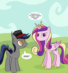 Size: 2000x2136 | Tagged: source needed, safe, artist:php47, imported from derpibooru, princess cadance, oc, oc:echo, alicorn, bat pony, pony, cadance is not amused, confused, ear tufts, eeee, female, frown, glare, hat, looking at you, mare, open mouth, smiling, speech bubble, thought bubble, top bat, top gun hat
