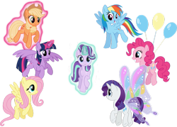 Size: 1055x757 | Tagged: artist needed, source needed, safe, artist:osipush, imported from derpibooru, applejack, fluttershy, pinkie pie, rainbow dash, rarity, starlight glimmer, twilight sparkle, alicorn, earth pony, pegasus, pony, unicorn, balloon, floating, flying, glimmer wings, levitation, looking at you, magic, mane six, self-levitation, simple background, smiling, spread wings, telekinesis, then watch her balloons lift her up to the sky, transparent background, twilight sparkle (alicorn), underhoof, vector, wings