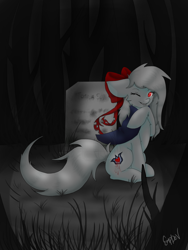 Size: 1536x2048 | Tagged: safe, artist:midnightglow20, imported from derpibooru, oc, oc only, oc:tomoda shi, ghost, pony, female, filly, grave, solo