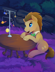 Size: 1700x2200 | Tagged: safe, artist:viwrastupr, imported from derpibooru, doctor whooves, time turner, pony, bowtie, close-up, doctor who, fascinated, male, open mouth, sitting, smiling, solar system, solo, stallion, table