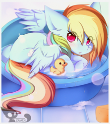 Size: 2660x2991 | Tagged: safe, artist:teranen, imported from derpibooru, rainbow dash, pegasus, pony, bath, colored pupils, cute, dashabetes, eye clipping through hair, female, looking at you, mare, rubber duck, solo