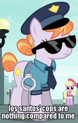 Size: 472x740 | Tagged: safe, edit, edited screencap, imported from derpibooru, screencap, copper top, luckette, pinot noir, shiraz, silver berry, the gift of the maud pie, clothes, cuffs, grand theft auto, gta v, hat, image macro, meme, police pony, sunglasses