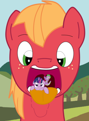 Size: 3058x4157 | Tagged: safe, artist:overthelakepancake, imported from derpibooru, big macintosh, spike, twilight sparkle, dragon, earth pony, pony, unicorn, absurd resolution, big macinpred, bigger macintosh, comedic vore, comedy, fetish, giant pony, inside mouth, macro, macro/micro, male, maw, mawplay, mawshot, micro, mouthplay, open mouth, preylight, really big mac, spikeprey, stallion, tiny, tiny ponies, tongue out, uvula, vore
