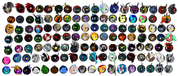 Size: 4500x1930 | Tagged: safe, artist:lakword, imported from derpibooru, derpy hooves, dj pon-3, nurse redheart, octavia melody, princess celestia, princess luna, queen chrysalis, spitfire, starlight glimmer, sunset shimmer, vinyl scratch, oc, changeling, pony, absurd resolution, buttons, collection, group, icon