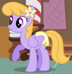 Size: 450x460 | Tagged: safe, imported from derpibooru, screencap, drizzle, pegasus, pony, a bird in the hoof, background pony, cropped, female, flower, flower in hair, mare, raised hoof, solo