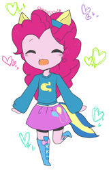 Size: 816x1248 | Tagged: safe, artist:chametzkiwi, imported from derpibooru, pinkie pie, equestria girls, boots, chibi, clothes, compression shorts, cute, diapinkes, eyes closed, female, high heel boots, moe, pony ears, skirt, solo, sweater, wondercolts, wondercolts uniform