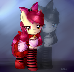 Size: 2548x2480 | Tagged: dead source, safe, artist:nika191319, imported from derpibooru, apple bloom, pony, clothes, costume, crossover, digital art, dress, female, gothic lolita, socks, solo, striped socks, zoom layer