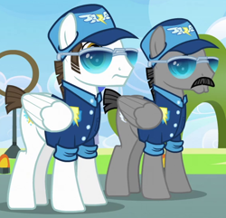 Size: 570x550 | Tagged: safe, imported from derpibooru, screencap, fast clip, manerick, whiplash, pony, wonderbolts academy, background pony, clothes, cropped, duo, facial hair, hat, male, moustache, short tail, stallion, sunglasses, uniform