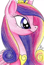 Size: 2248x3264 | Tagged: safe, artist:celestial-rainstorm, imported from derpibooru, princess cadance, pony, crown, female, jewelry, peytral, regalia, simple background, solo, traditional art, white background