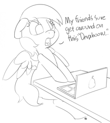 Size: 1280x1429 | Tagged: safe, artist:pabbley, imported from derpibooru, derpy hooves, pegasus, pony, computer, dialogue, female, laptop computer, meta, monochrome, sitting, solo, table