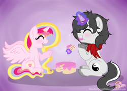 Size: 6566x4747 | Tagged: safe, artist:raspberrystudios, imported from derpibooru, oc, oc only, oc:aurelia charm, oc:dusk spark, alicorn, pony, unicorn, absurd resolution, alicorn oc, cake, clothes, cute, eating, eyes closed, female, food, friends, happy, magic, male, mare, multicolored hair, nom, pointing, scarf, sitting, stallion