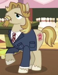 Size: 348x444 | Tagged: safe, imported from derpibooru, screencap, jeff letrotski, earth pony, pony, slice of life (episode), background pony, bowling pin, clothes, male, necktie, solo, stallion, suit, the dude