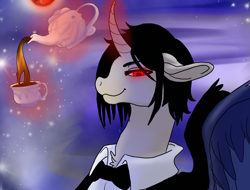 Size: 2048x1556 | Tagged: safe, artist:brainiac, imported from derpibooru, alicorn, bat pony, bat pony alicorn, pony, black butler, blood moon, bust, crossover, cup, moon, sebastian michaelis, solo, teacup, teapot