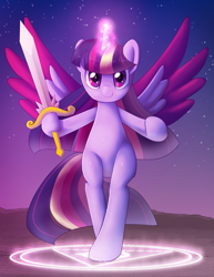 Size: 1275x1650 | Tagged: safe, artist:zelc-face, imported from derpibooru, twilight sparkle, alicorn, pony, bipedal, colored wings, female, hoof hold, magic, magic circle, multicolored hair, multicolored wings, solo, stars, sword, twilight (astronomy), twilight at twilight, twilight sparkle (alicorn), weapon