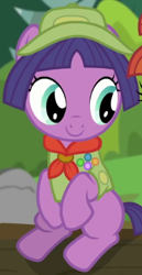 Size: 400x774 | Tagged: safe, imported from derpibooru, screencap, lavandula, earth pony, pony, the mane attraction, clothes, hat, offscreen character, sitting, smiling, solo, solo focus, vest