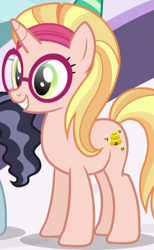 Size: 436x709 | Tagged: safe, imported from derpibooru, screencap, booksmart, honey lemon, pony, unicorn, amending fences, big hero 6, cropped, glasses, hairband, offscreen character, ponified, reference, smiling, solo focus