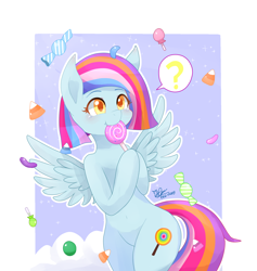 Size: 1800x1900 | Tagged: safe, artist:pika-chany, imported from derpibooru, oc, oc only, oc:dolly flash, pegasus, pony, bipedal, candy, candy corn, food, lollipop, question mark, solo, spread wings