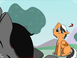 Size: 741x556 | Tagged: safe, artist:onyxpenstroke, derpibooru exclusive, imported from derpibooru, oc, oc only, oc:onyx penstroke, oc:renard prower, pegasus, pony, aside glance, blurred background, blurry background, camera shot, colored wings, confused, excited, eyes closed, floppy ears, folded wings, fourth wall, head tilt, missing cutie mark, mountain, multicolored hair, multicolored wings, question mark, screencapped background, sideways glance, sitting, tree