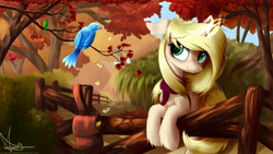 Size: 1920x1080 | Tagged: safe, artist:aurelleah, imported from derpibooru, oc, oc only, oc:sweet sunrise, bird, autumn, bow, chest fluff, clothes, commission, cottagecore, cute, ear fluff, fence, floppy ears, fluffy, forest, hair bow, happy, leaves, looking away, magic, scarf, seeds, smiling, solo, tree