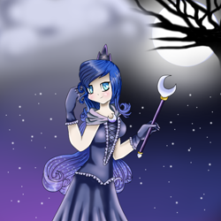 Size: 682x682 | Tagged: safe, artist:glenray35, imported from derpibooru, princess luna, human, blushing, clothes, dress, female, gloves, humanized, jewelry, long gloves, moon, night, regalia, solo, stars, tree branch, wand