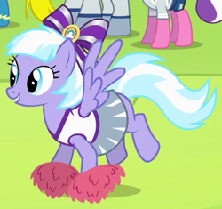 Size: 420x394 | Tagged: safe, imported from derpibooru, screencap, abradacanter, lilac sky, surprise, pegasus, pony, rainbow falls, bow, cheerleader, clothes, cropped, dress, pom pom, solo focus