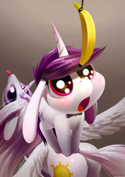 Size: 3507x4960 | Tagged: safe, artist:underpable, imported from derpibooru, princess celestia, oc, oc:lapush buns, princess molestia, absurd resolution, banana, bunnycorn, butt, cute, duo, eyes on the prize, female, floppy ears, food, fruit, male, mare, open mouth, plot, stallion, tongue out