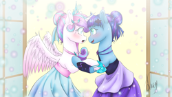 Size: 1920x1080 | Tagged: safe, artist:xxxamychanxxx, imported from derpibooru, princess flurry heart, oc, oc:galaxy star, canon x oc, clothes, dress, female, galaheart, lesbian, older, shipping