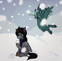 Size: 900x892 | Tagged: safe, artist:enma-darei, imported from derpibooru, oc, oc only, oc:cold snap, oc:mortimer hooves, pegasus, pony, clothes, demolition bird squad, duo, female, glasses, male, mare, scarf, sitting, snow, snowball, snowball fight, stallion