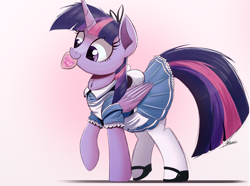 Size: 2000x1484 | Tagged: safe, artist:ncmares, imported from derpibooru, twilight sparkle, alicorn, pony, alice in wonderland, chest fluff, clothes, cute, dress, female, fluffy, gradient background, mare, mouth hold, nom, raised hoof, raised leg, signature, smiling, solo, twiabetes, twilight sparkle (alicorn), what could possibly go wrong