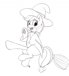 Size: 1280x1409 | Tagged: safe, artist:pabbley, imported from derpibooru, applejack, pony, 30 minute art challenge, broom, female, monochrome, open mouth, sitting, solo, witch