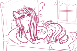 Size: 1280x855 | Tagged: safe, artist:ponycide, imported from derpibooru, pinkie pie, earth pony, pony, bed, cute, cuteamena, female, messy mane, monochrome, morning ponies, pillow, pinkamena diane pie, question mark, sketch, sleepy, smiling, solo, window