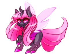 Size: 540x405 | Tagged: safe, artist:ponycide, imported from derpibooru, oc, oc only, oc:scurra, changeling, changeling oc, female, mare, pink changeling, simple background, solo, spread wings, white background