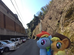 Size: 1280x960 | Tagged: safe, artist:setorin5, artist:traveling-ponies, imported from derpibooru, applejack, rainbow dash, 4de, car, irl, japan, photo, plushie, ponies around the world, ruins