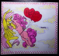 Size: 1280x1210 | Tagged: safe, artist:theorderofalisikus, imported from derpibooru, fluttershy, pinkie pie, earth pony, pegasus, pony, balloon, blushing, female, flutterpie, heart, heart balloon, lesbian, shipping, traditional art