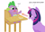 Size: 5384x3864 | Tagged: safe, artist:glitterstar2000, imported from derpibooru, spike, twilight sparkle, dragon, pony, unicorn, absurd resolution, baby spike, bib, cute, dialogue, duo, feeding, glowing horn, magic, mama twilight, messy eating, simple background, spikabetes, spoon, telekinesis, twiabetes, white background