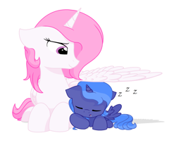 Size: 2660x2192 | Tagged: safe, artist:glitterstar2000, imported from derpibooru, princess celestia, princess luna, alicorn, pony, duo, filly, hug, simple background, sleeping, sweet dreams fuel, white background, winghug, woona, younger, zzz