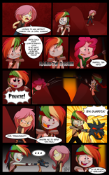 Size: 1024x1638 | Tagged: safe, artist:fj-c, imported from derpibooru, fluttershy, pinkie pie, rainbow dash, human, clothes, comic, dialogue, fantasy equestria, humanized, midriff, scar, spanish