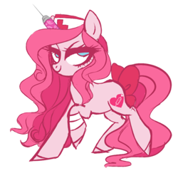 Size: 400x389 | Tagged: safe, artist:misspinka, imported from derpibooru, oc, oc only, oc:cootie, earth pony, pony, female, lidded eyes, mare, not pinkie pie, nurse, raised hoof, simple background, solo, syringe, transparent background