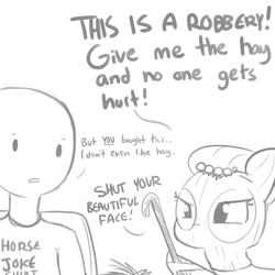 Size: 1280x1280 | Tagged: safe, artist:tjpones, imported from derpibooru, oc, oc only, oc:brownie bun, oc:richard, earth pony, human, pony, horse wife, affectionate aggression, balaclava, chair, crowbar, cute, dialogue, grayscale, monochrome, ocbetes, robbery, simple background, sitting, sketch, ski mask, white background