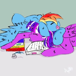 Size: 900x900 | Tagged: safe, artist:artmagic15, artist:captainloafnugget, imported from derpibooru, rainbow dash, twilight sparkle, alicorn, pegasus, pony, book, drool, eyes closed, female, inkwell, lesbian, mare, open mouth, pony pillow, shipping, simple background, sleeping, snuggling, twidash, twilight sparkle (alicorn)