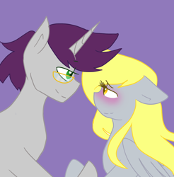 Size: 1024x1041 | Tagged: safe, artist:cubbybatdoodles, imported from derpibooru, derpy hooves, written script, pegasus, pony, unicorn, blushing, derpyscript, duo, eye contact, looking at each other, male, shipping, simple background, stallion, straight