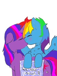 Size: 600x800 | Tagged: safe, artist:artmagic15, artist:captainloafnugget, imported from derpibooru, rainbow dash, twilight sparkle, pony, blushing, female, fluffy, kissing, lesbian, shipping, sign, twidash