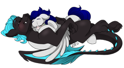 Size: 2000x1100 | Tagged: safe, artist:dragonfoxgirl, imported from derpibooru, oc, oc only, oc:alona, oc:vibrato, dragon, pegasus, pony, alonato, better version at source, black background, blank flank, blushing, cuddling, cute, ear fluff, eyes closed, floppy ears, hug, interspecies, oc x oc, on back, prone, shipping, simple background, smiling, snaggletooth, snuggling, spread wings, tattoo, winghug