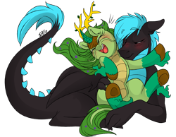 Size: 2000x1550 | Tagged: safe, artist:dragonfoxgirl, imported from derpibooru, oc, oc only, oc:jade radiance, oc:vibrato, dragon, kirin, antlers, barbels, blushing, flower, horn, kissing, oc x oc, shipping, tickling, whiskers