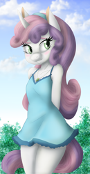 Size: 3000x5783 | Tagged: safe, artist:ambris, artist:kurausuki, imported from derpibooru, sweetie belle, anthro, unicorn, absurd resolution, blushing, clothes, dress, female, hairband, hands behind back, smiling, solo