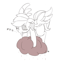 Size: 1280x1191 | Tagged: safe, artist:pabbley, imported from derpibooru, rainbow dash, pony, cloud, female, flying, monochrome, rain, simple background, sleepflying, sleeping, solo, tongue out, white background, zzz