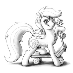 Size: 1000x1000 | Tagged: safe, artist:blue-paint-sea, imported from derpibooru, scootaloo, pony, female, looking at you, monochrome, scooter, signature, simple background, sketch, smiling, solo, white background