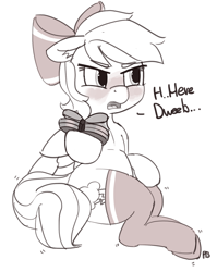 Size: 1280x1606 | Tagged: safe, artist:pabbley, imported from derpibooru, rainbow dash, pony, blushing, bow, box of chocolates, clothes, dialogue, dweeb, female, monochrome, simple background, socks, solo, tsunderainbow, tsundere, valentine, valentine's day, white background